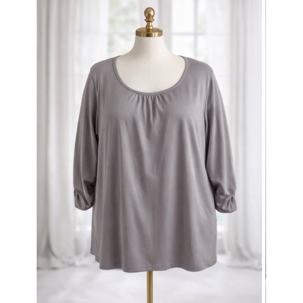 Susan Graver Liquid Knit Popover Tunic Top Ruched Sleeves Light Gray Size Large‎